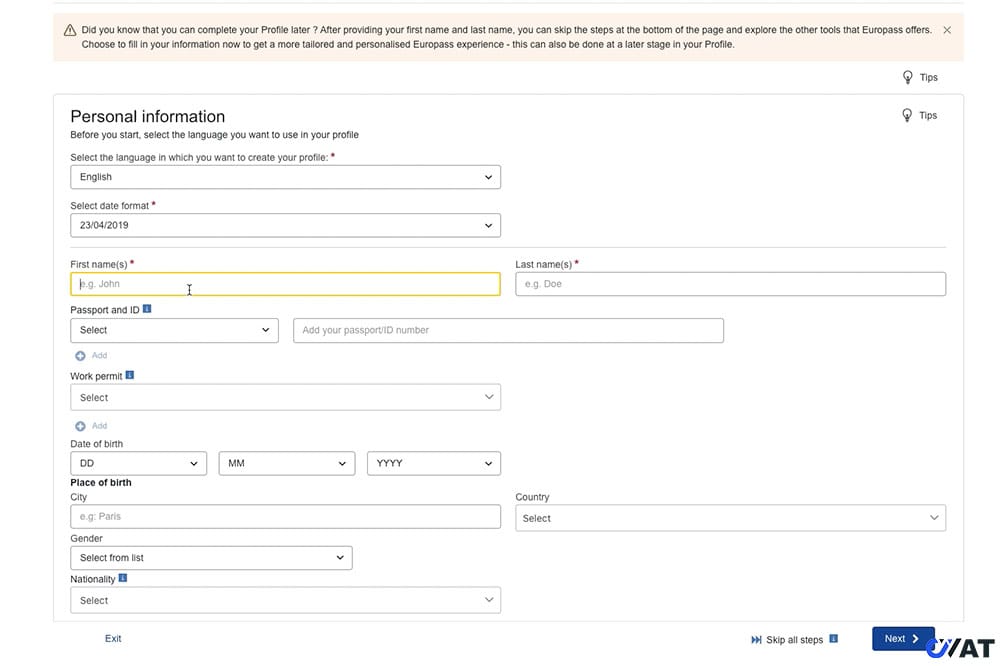 Europass CV: سيرة ذاتية أوروبية يوروباس إضافة البيانات الشخصية ومعلومات الاتصال بشكل صحيح في نموذج Europass