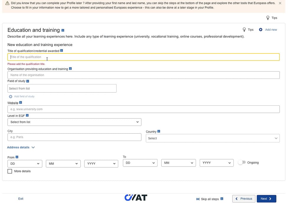 Europass CV: سيرة ذاتية أوروبية يوروباس إضافة الشهادات التعليمية إلى Europass CV